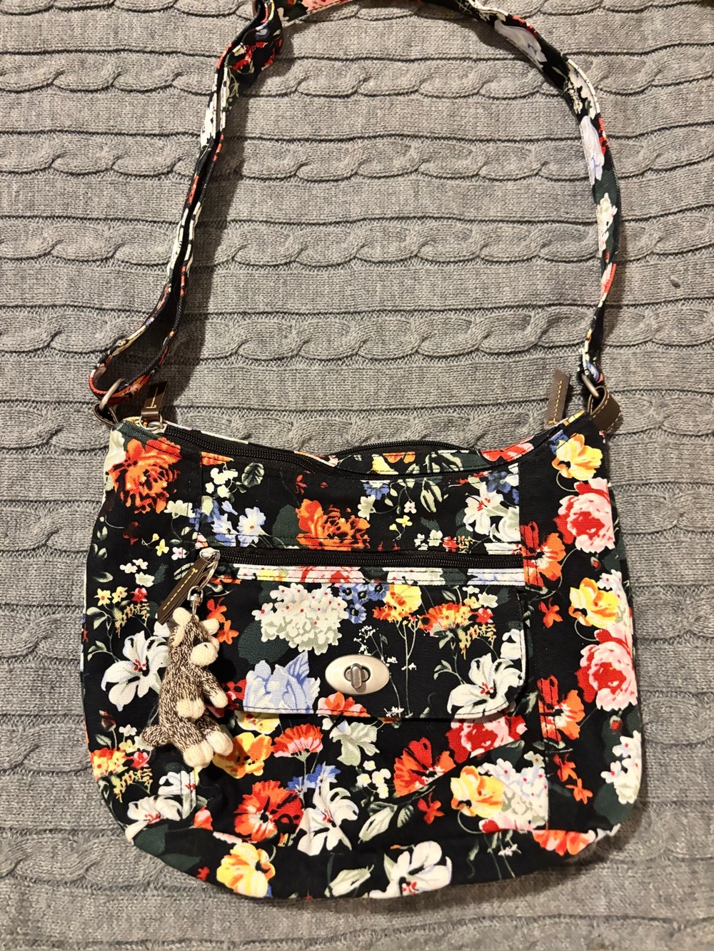 Lily Bloom Cristina Floral Crossbody Bag Recycled Canvas Monkey Charm Purse Blac